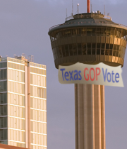 San Antonio conservative values Tower of Americas and Texas Republican banner